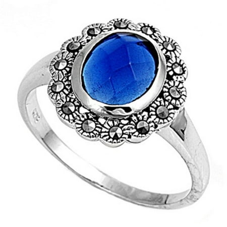- Round Simulated Sapphire Simulated Marcasite Cubic Zirconia Center Vintage Style Ring Sterling Silver