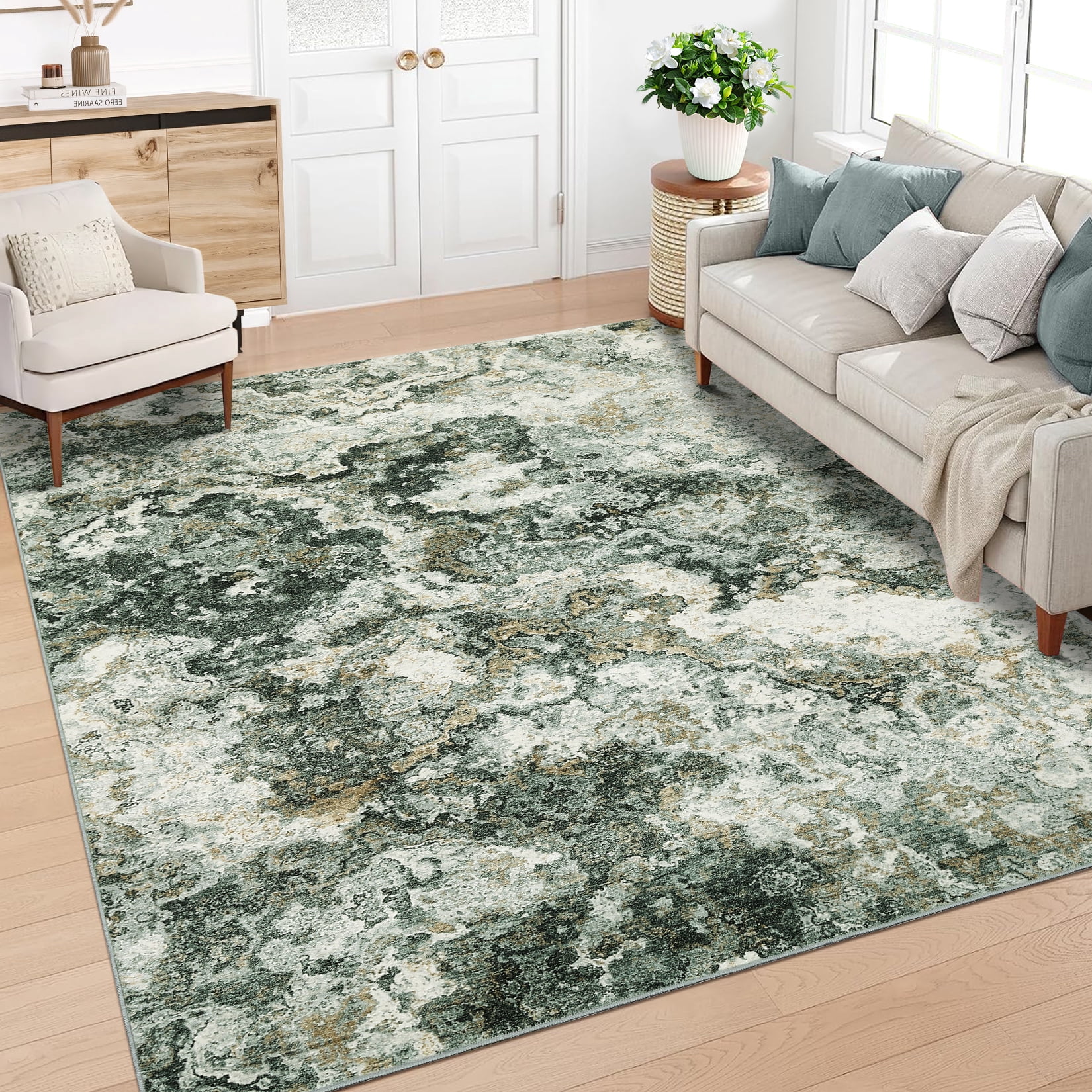 Garvee Modern Abstract Area Rugs for Living Room, 10'x13' Soft Large Washable Rugs Print Pattern Non Slip Floor Carpet, Low Pile Indoor Rug for Bedroom Dining Room, Green