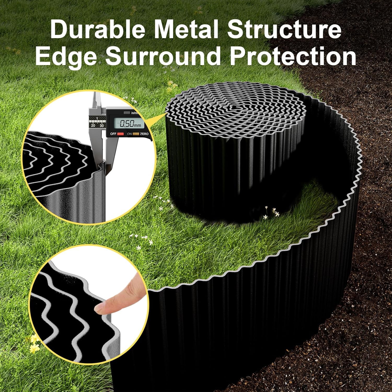 Land Guard Corrugated Garden Edging Border, 10" x 50' Landscape Paver Edging, Tall Landscape Edging, Fence for Garden, Flower Bed, Lawn and Landscape Edging (Glossy Black)