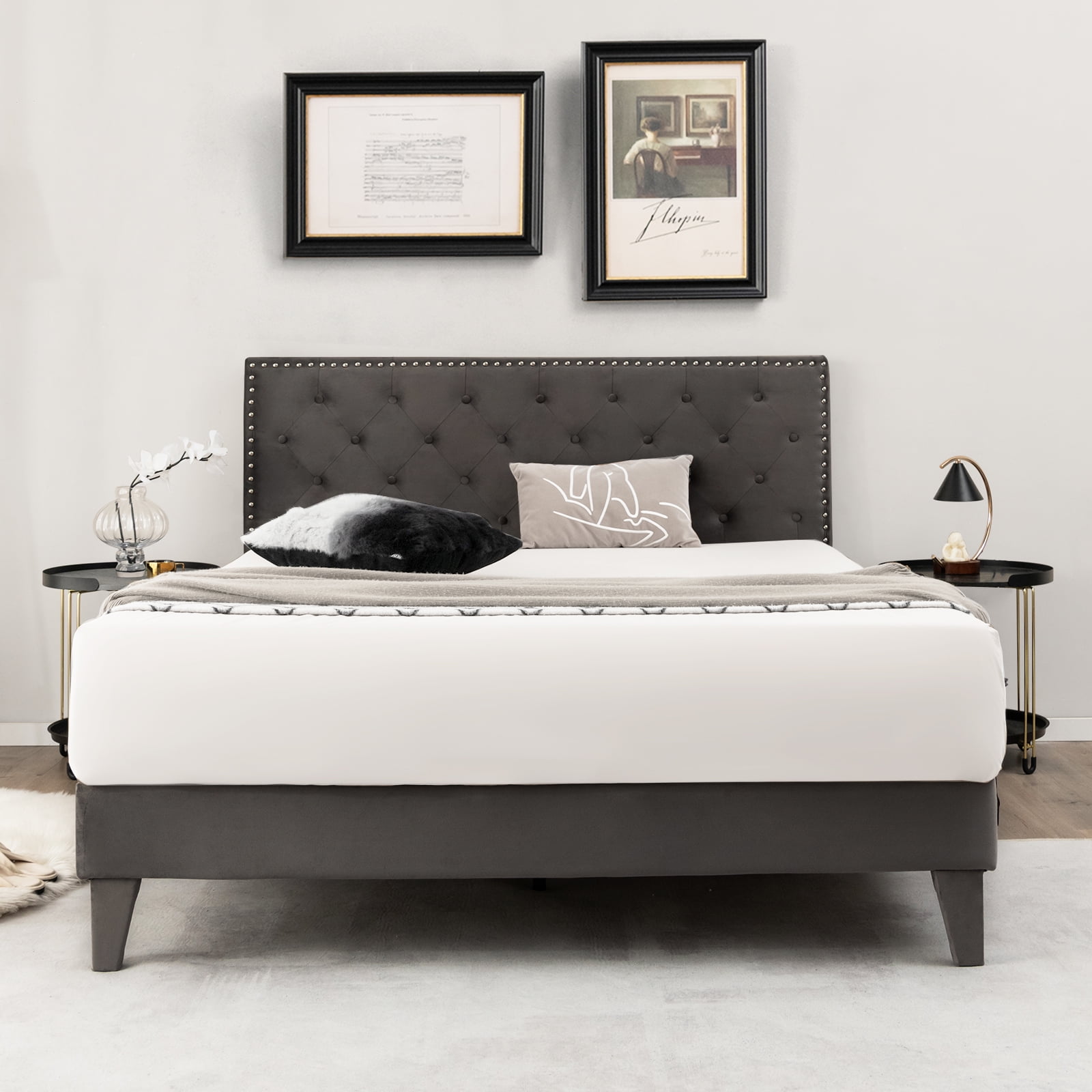 Infans Queen Bed Frame Upholstered Platform Bed w/ Tufted Headboard Mattress Foundation