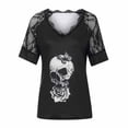 thumbnail image 4 of Puntoco Mujeres Damas Calavera Estampado Manga Corta Jersey V-Cuello Encaje tops Camisas Blusa Puntoco Puntoco-4712, 4 of 8