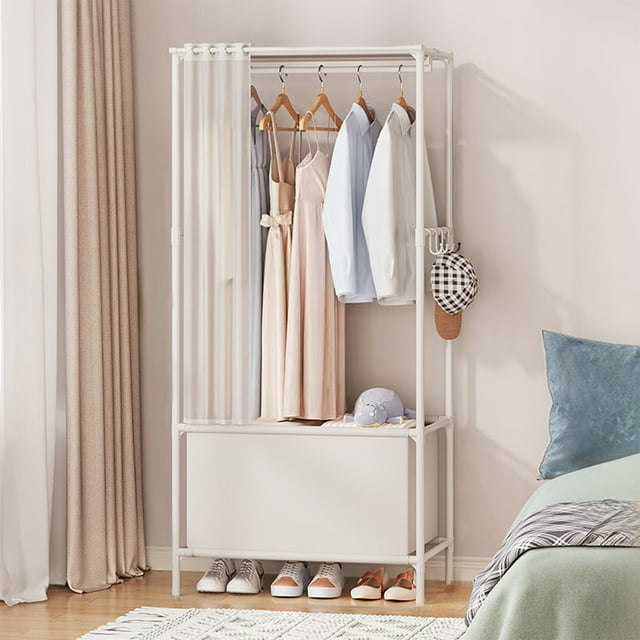 QTOCIO Portable Wardrobe Two Tier Freestanding Clothes Rack With Shelves And Hanging Rods Easy To Assembly Suitable For Bedroom Wardrobe