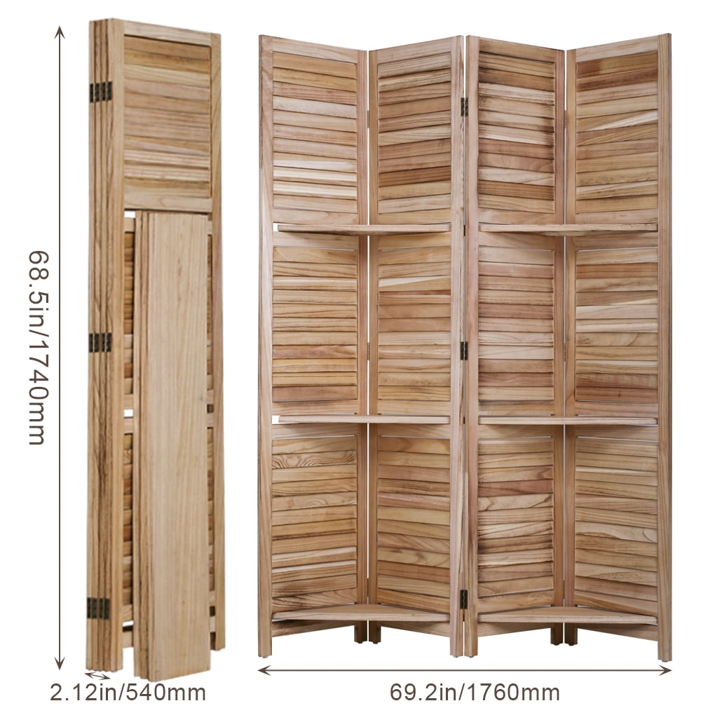 NiamVelo 4 Panel Wood Room Divider Folding Privacy Screen Portable Freestanding Room with 3 Shelves, Natural