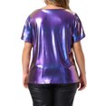 thumbnail image 3 of Agnes Orinda Women's Plus Size Metallic Tops Crew Neck Short Tulip Sleeve Disco Party Sparkly Blouses 1X Purple, 3 of 6