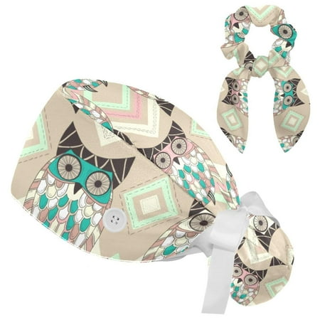 

Working Cap with Buttons and Sweatband Scrub Hat Bouffant Caps with Scrunchie Owl Tie Back Hats