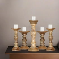 Traditional Wallnut Eco-friendly Handmade Mango Wood Set Of Five 6",9",12",9" & 6" Pillar Candle Holder for use, Living Room, Dinning Room, Study Room, Spa, Restaurants, Place Of Worship, etc
