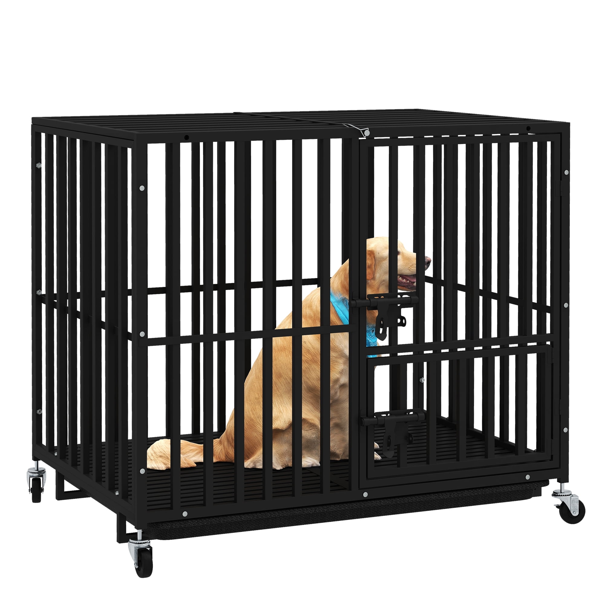 Uforic 37-Inch Heavy Duty Dog Crate with Lockable Wheels, Escape Proof Dog Cage Kennel with Removable Tray - Black