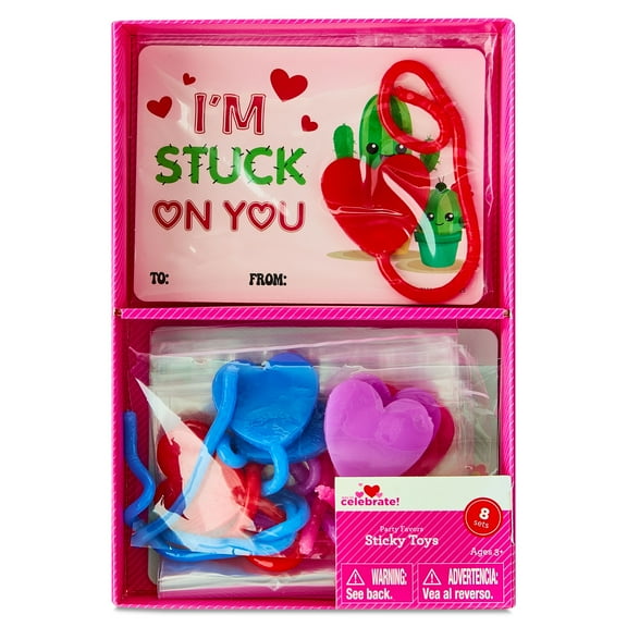 Classroom Exchange Cards with Sticky Toy Party Favors, Multicolor, 8 Count, Valentine's Day by Way To Celebrate