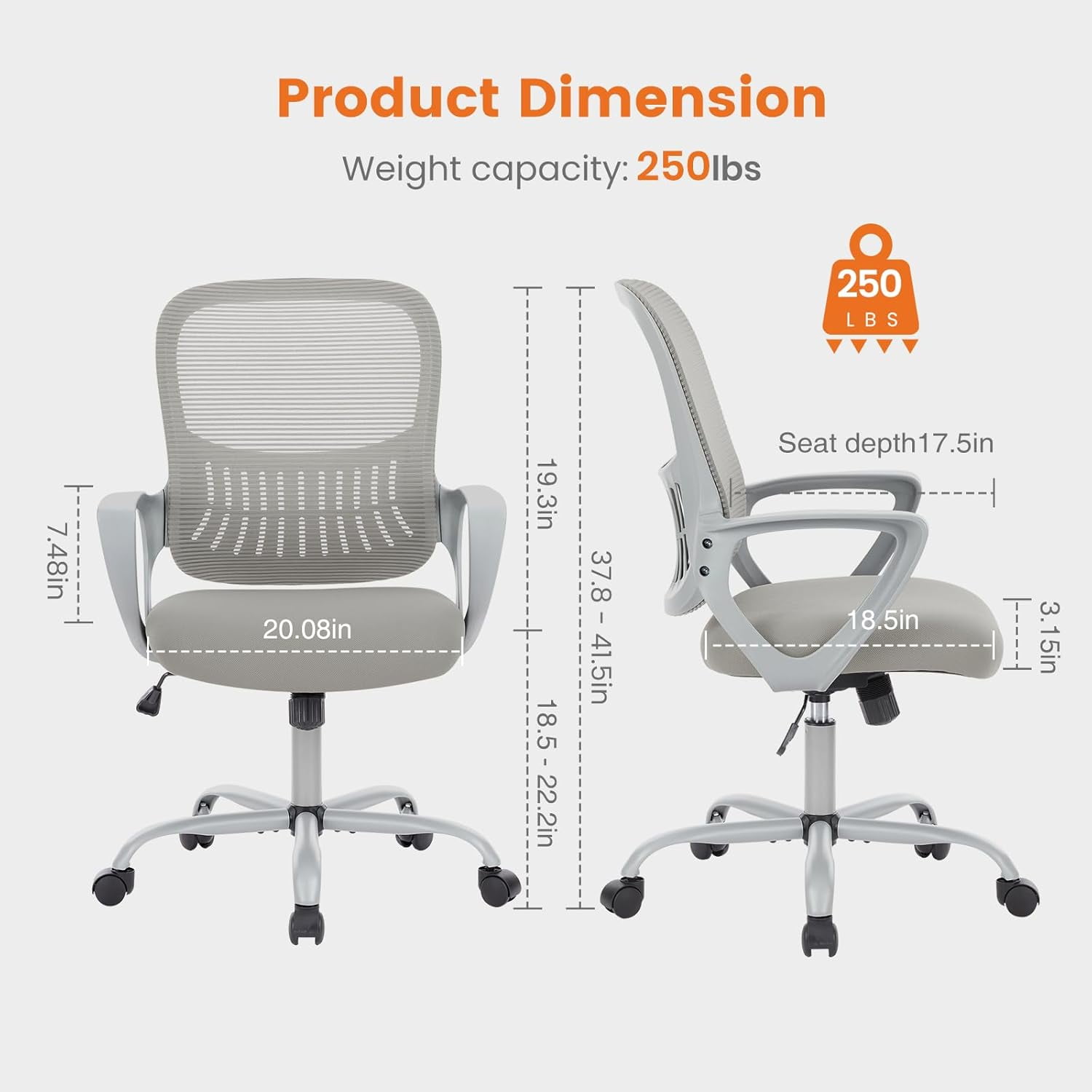 Atilioo Ergonomic Office Chair, Comfy Desk Chair with Adjustable Height & Lumbar Support, Mesh Swivel Rolling Computer Chair with Armrests for Adults, Gray
