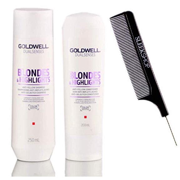 GOLDWELL Dualsenses Blondes and Highlights Anti-Yellow Shampoo & Conditioner Duo Set (w/ Sleek Comb) Dual Senses Anti-Brassiness Purple,Violet for Gray Hair (8.4 oz   6.7 oz DUO KIT)