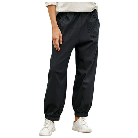 

Dadaria High Waisted Cargo Pants Women Y2k Solid Cotton Linen with Pocket Long Cargo Pants Black M Female