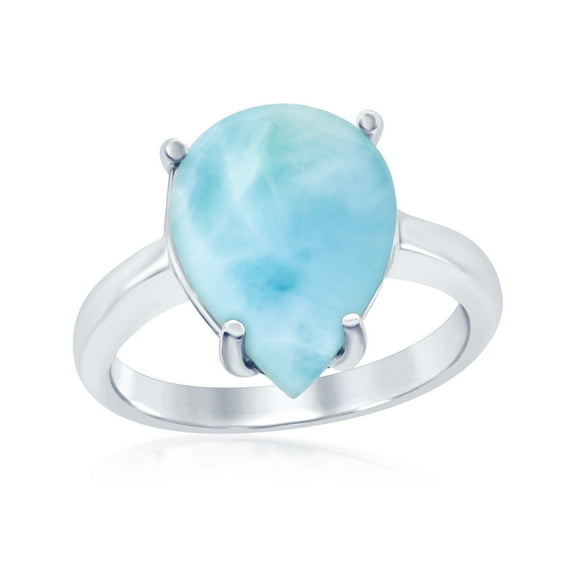 Sterling Silver High Polish Natural Larimar Stone Four Prong Teardrop Ring