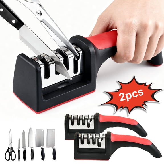 AGCAN 2 Pack Knife Sharpener, 4-Stage Ceramic Stone Kitchen Knife Sharpeners with Non-slip Base, Diamond Rods Knife Sharpening System for Kitchen Knives, Scissors