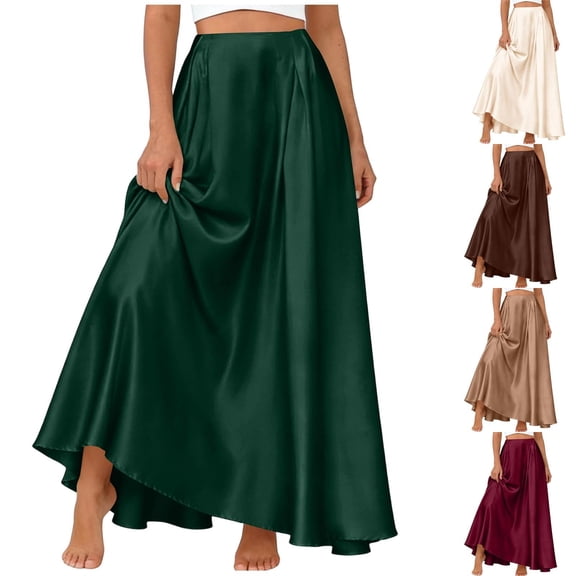 Wiyuqeen Womens Satin Maxi Skirts with Pocket High Waist Solid Pleated Skirt Casual Flowy Summer Skirts for Travel Vacation Party