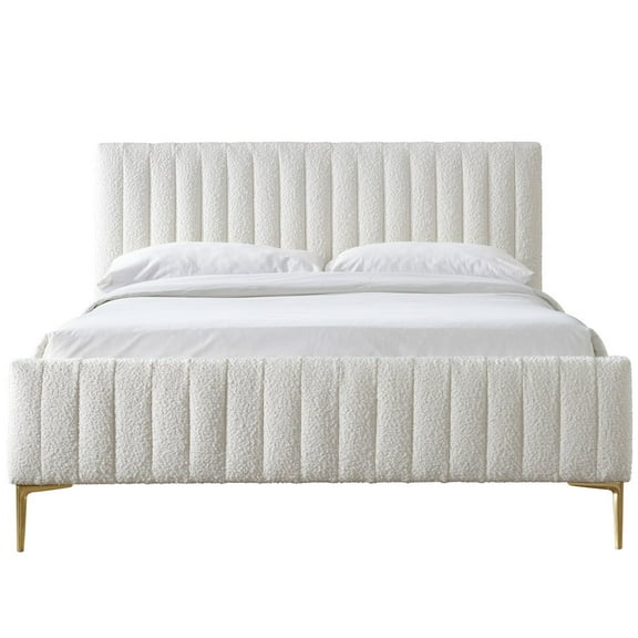 Omax Decor Julia Wood and Fabric Upholstered Queen Platform Bed in White Boucle