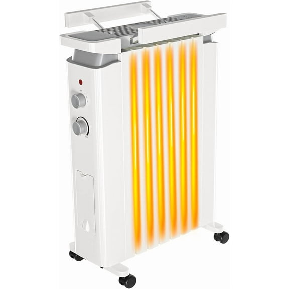 ARLIME Oil Filled Radiator Heater, 1500W Radiator Heating Machine with Thermostat, Overheat & Tip-Over Protection, Retractable Rack, Quiet Space Heater for indoor use, White