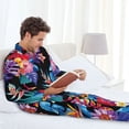 thumbnail image 4 of Wukai Tropical Palm Leaves Men's Long-Sleeve Pajama Set - Comfortable Sleepwear with Button-Down Shirt and Pants-Medium, 4 of 6