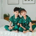 thumbnail image 4 of Toddler Kids Baby Girl Solid Pajama Sets Silk Satin Short Sleeve Button Down Shirt Top and Pants 2-Piece Pajamas Set Sleepwear for Boy Girl, 4 of 6