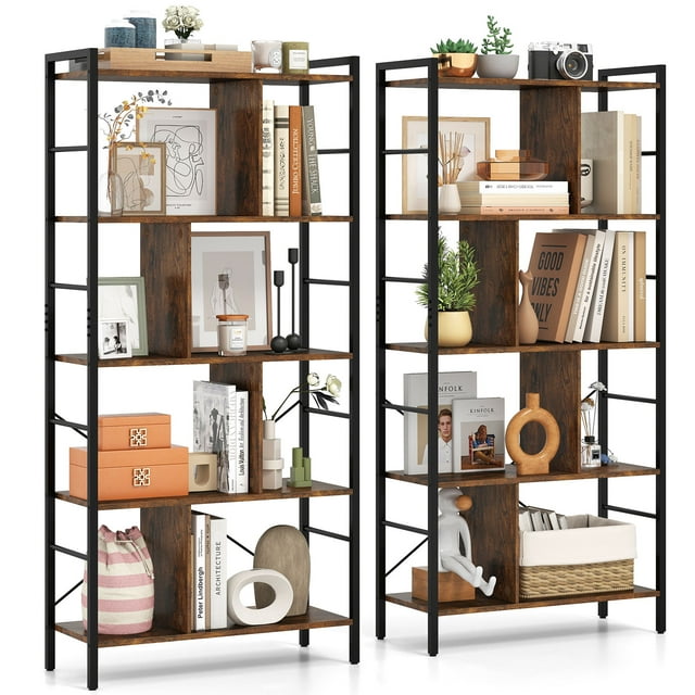 Gymax 2PCS 61'' 5-Tier Bookshelf w/Metal Frame 2 Anti-Tipping Devices for Living Room