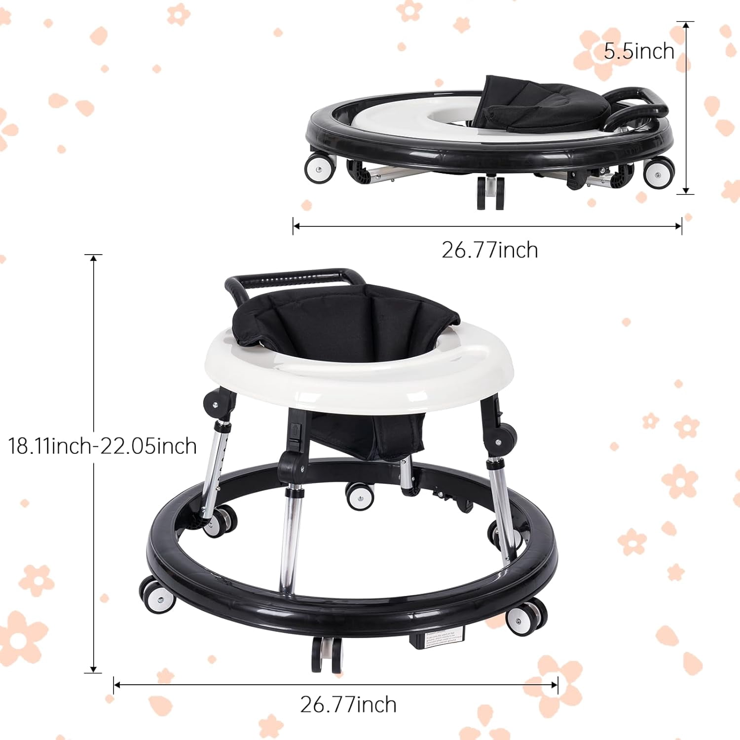 Baby Walker, Portable/Foldable/9 Adjustable Heights/With Wheels/Anti-Rolling, For Babies 6-12 Months,Black