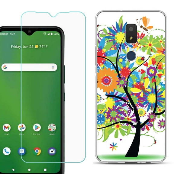Slim-Fit TPU Fashion Phone Case for Cricket Icon 3, with Tempered Glass Screen Protector, by OneToughShield ® - Colorful Tree