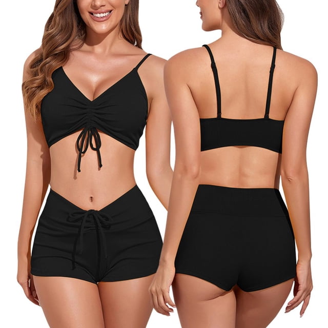 Women‘s High Waisted Bikini Swimwear Two Piece Swimsuit Drawstring Bathing Suit