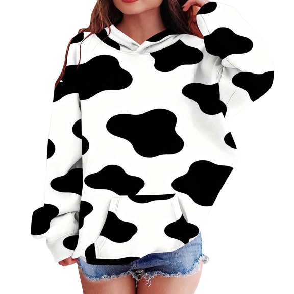 SERTGUTR Girls' Hoodie Pullover Cow Print Drop Shoulder Kangaroo Pocket Long Sleeve Ribbed Cuffs Hem Relaxed Fit Soft Polyester Top School Everyday Wear Outerwear