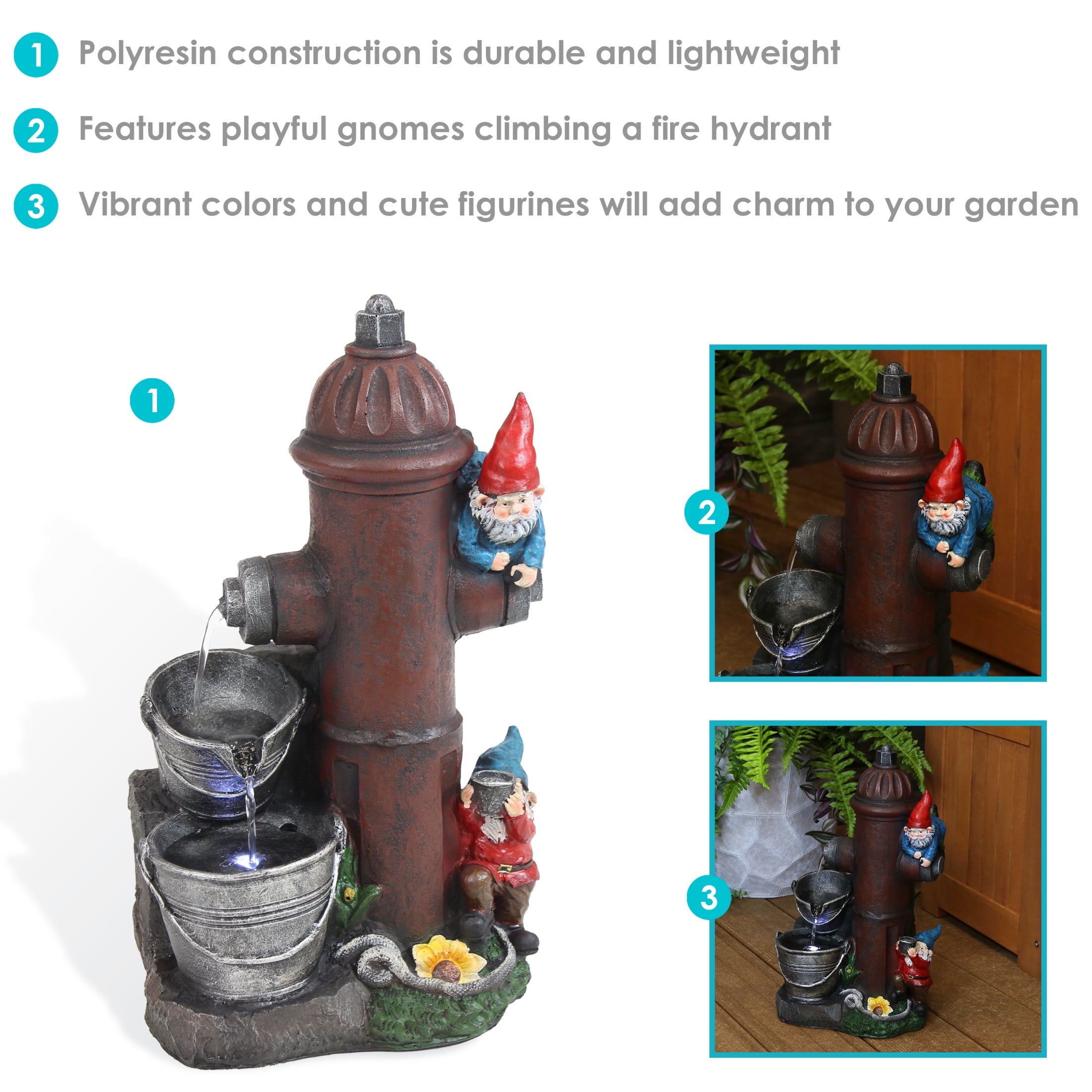 Sunnydaze Fire Hydrant Gnomes Polyresin Outdoor Water Fountain with Lights