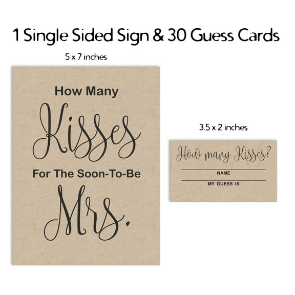 Inkdotpot 1 Sign + 30 Cards How Many Kisses For The Soon To Be Mrs Beige Kraft Rustic Bridal Shower Game