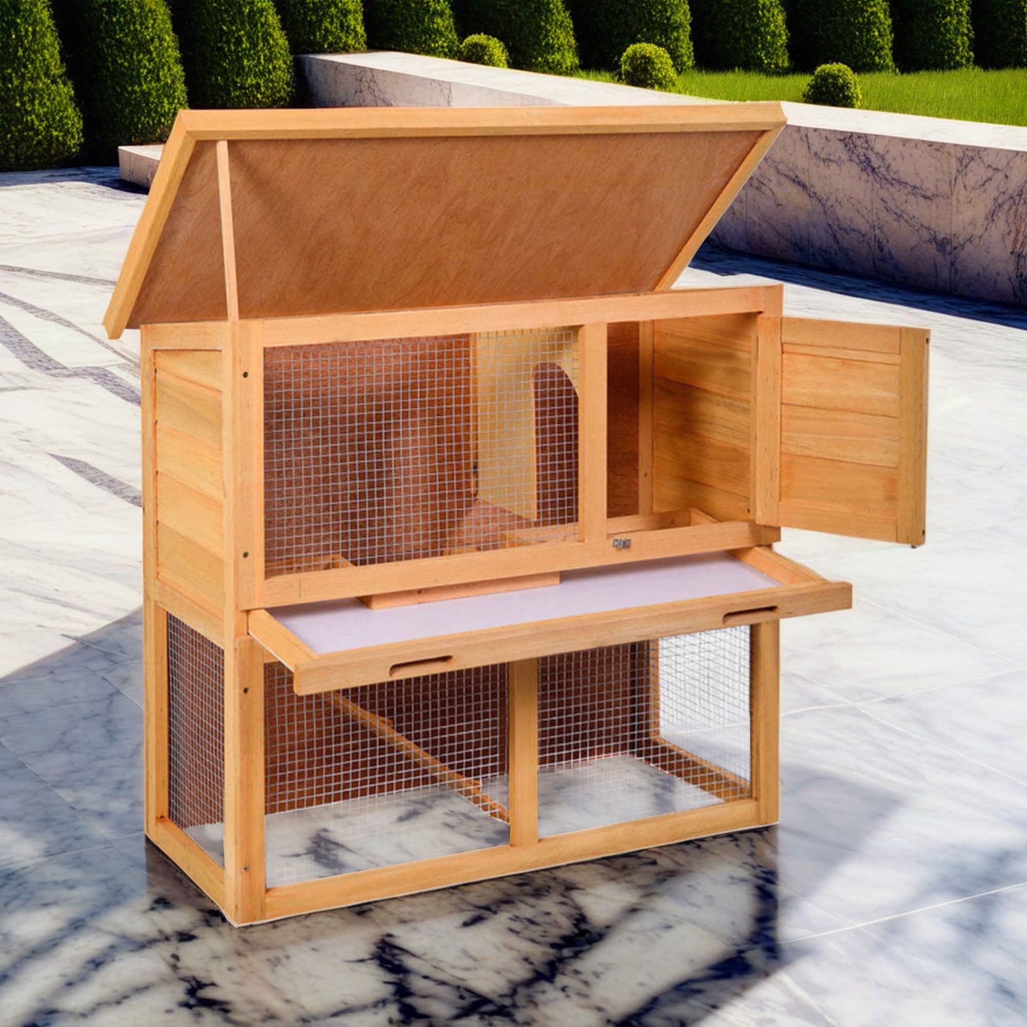 Pefilos 35" Wood Two-Story Bunny Cage, Outdoor Rabbit Hutch with Run, 1 Door Small Animal House Pet Cage, Easy to Clean, Orange