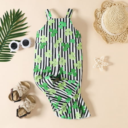 

NIUREDLTD Toddler Girls St. Patric.k s Day Sleeveless Cartoon Prints Romper Bell Bottoms Jumpsuit Clothes