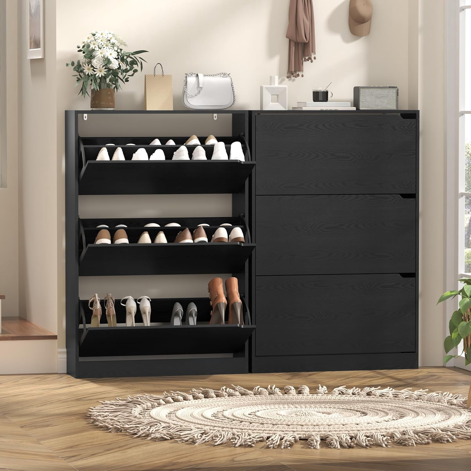 FANRAL Shoe Rack for Closet,Black Shoe Storage Cabinets with Flip Drawer,Slim Entryway Shoe Organizer with Flip Doors for Slippers Sneakers and High Heels