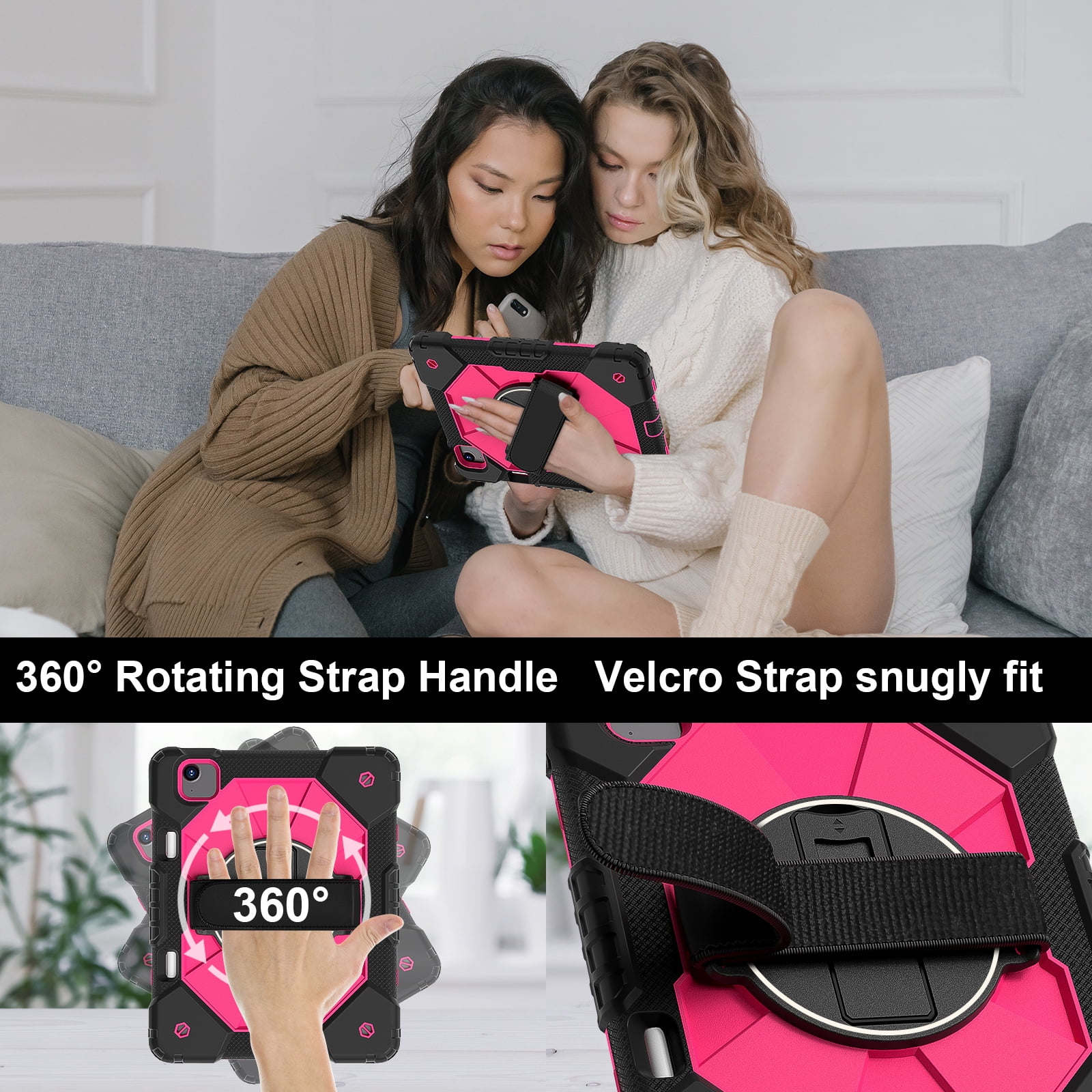for iPad Air 13 inch (M2) 2024 Case, Military Grade Heavy Duty Silicone Protection Cover with Pencil Holder + 360 Rotating Stand + Wrist Handle Rugged Cover for iPad Air 13" 2024, Black+Rose