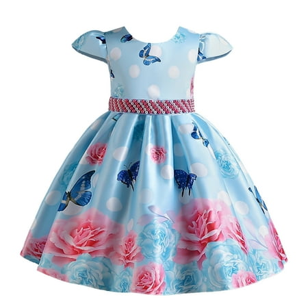 

LIhncine Girls Dress Child Girls Pageant Dress Party Fly Sleeve Flower Prints Gown Dresses (Blue 8-9 Years)