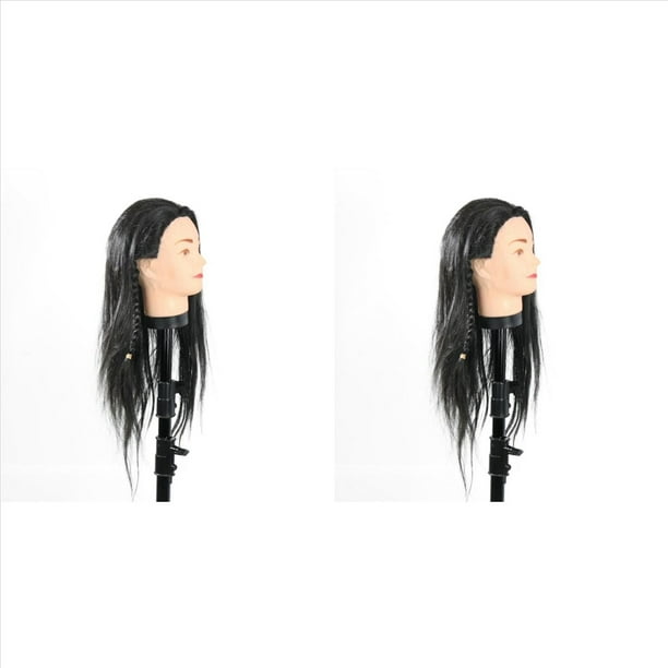 2X Cabeza de Maniquí de 40 cm Pelucas Largas de Pelo Negro Práctica de Entrenamiento de Estilo Muñecas de Peluquería Peluca de Maniquí Modelo de Cosmetología de Cabeza Simulada