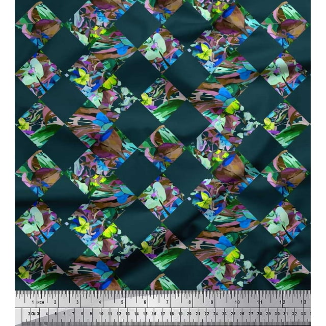 Soimoi Poly Georgette Fabric Artistic Floral & Check Geometric Printed Fabric 1 Yard 42 Inch Wide