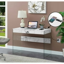 Convenience Concepts SoHo 30"H 42" W Glass Desk with Charging Station, White Faux Marble/Glass