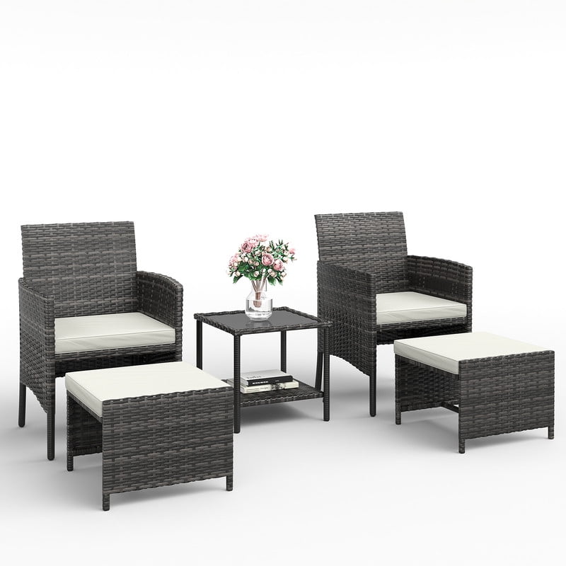 ELPOSUN 5-Piece Patio Furniture Set, Outdoor Patio Conversation Rattan Chair with Side Table & Storage Ottoman for Balcony, Porch, Deck, Poolside,Black Rattan,White
