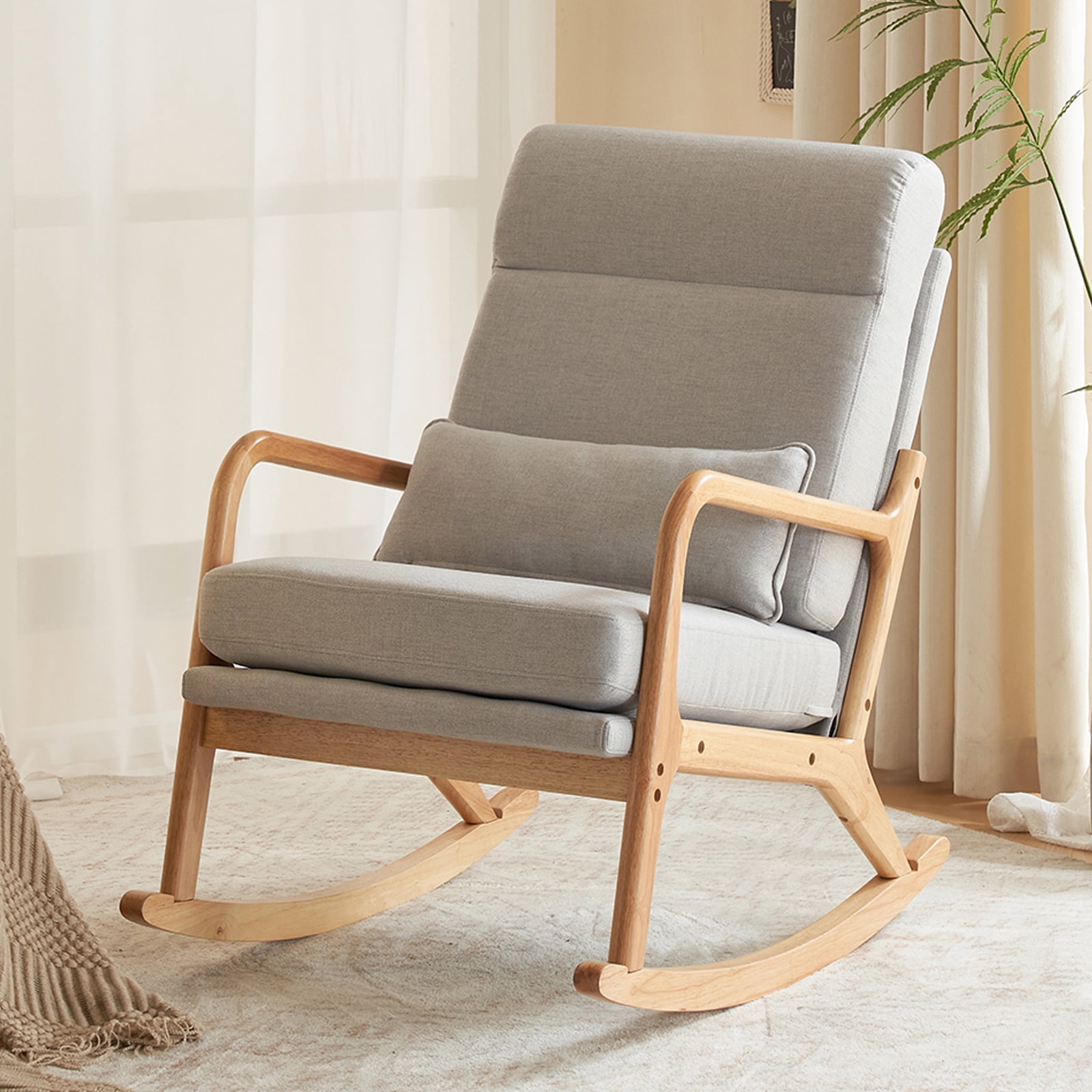 UWR-Nite Rocking Chair Nursery, 25.2" High Backrest Mid-Century Rocking Chair with Wooden Armrest Upholstered Glider Rocker with Free Lumbar Pillow for Living Room