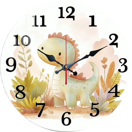 Hoease 10 Inch Silent Wall Clock, Watercolor Cartoon Dinosaur Decorative Wall Clock, Battery Operated Non-Ticking Round Clock for Living Room Bedroom Kids Room Home Decor