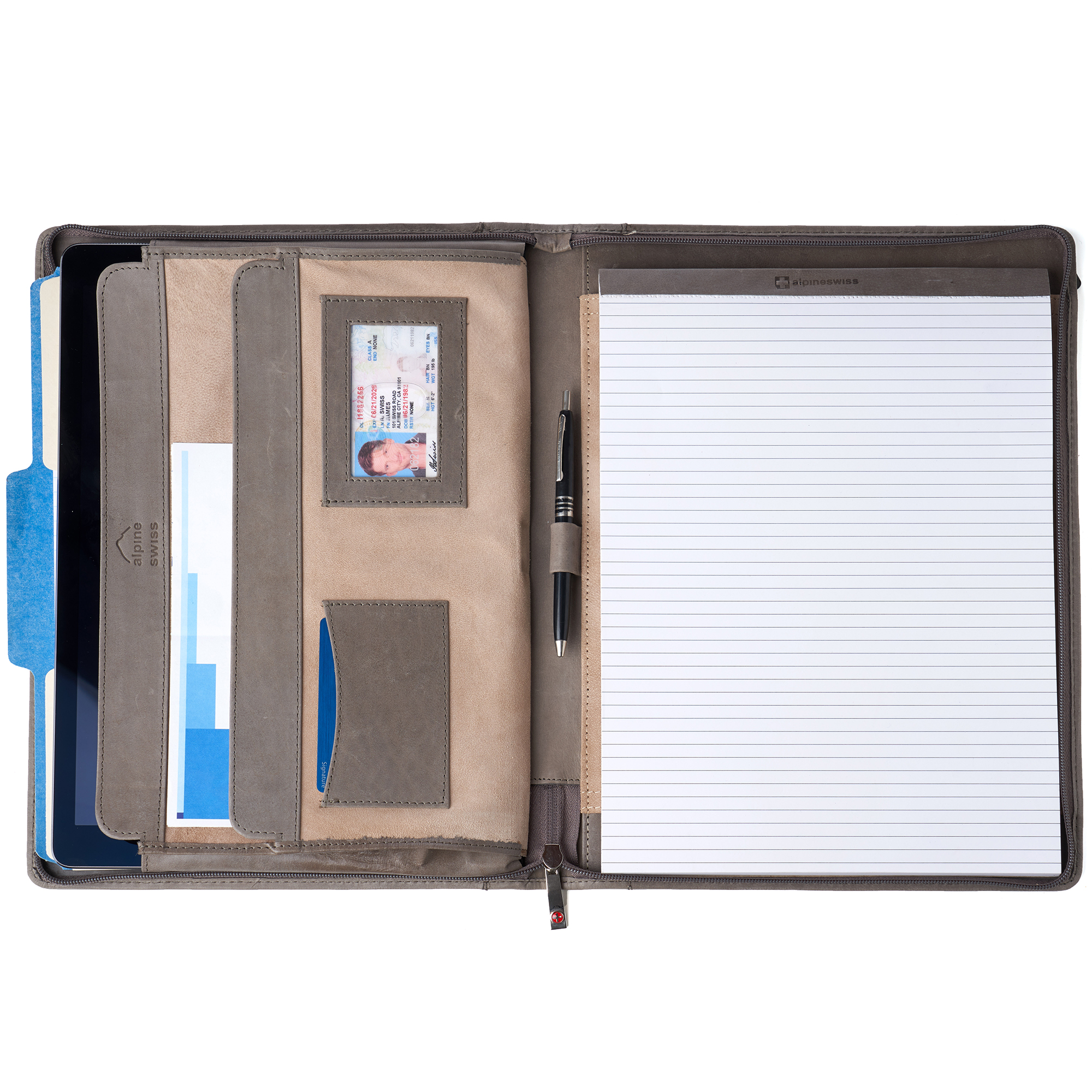 Leather Zippered Writing Pad Portfolio Business Briefcase Organizer