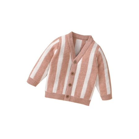 

ZIYIXIN Autumn Winter Baby Girls Boys Sweater Coat Striped Printed Long Sleeve Single Breasted V Neck Knit Outwear Pink 12-18 Months
