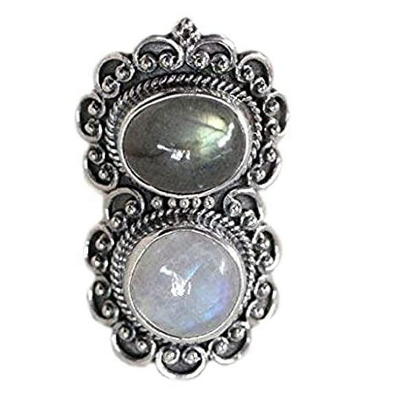 Navya Craft Rainbow Moonstone and Labradorite 925 Sterling Silver Handmade Women Statement Dual Gemstone Ring Size 6.5