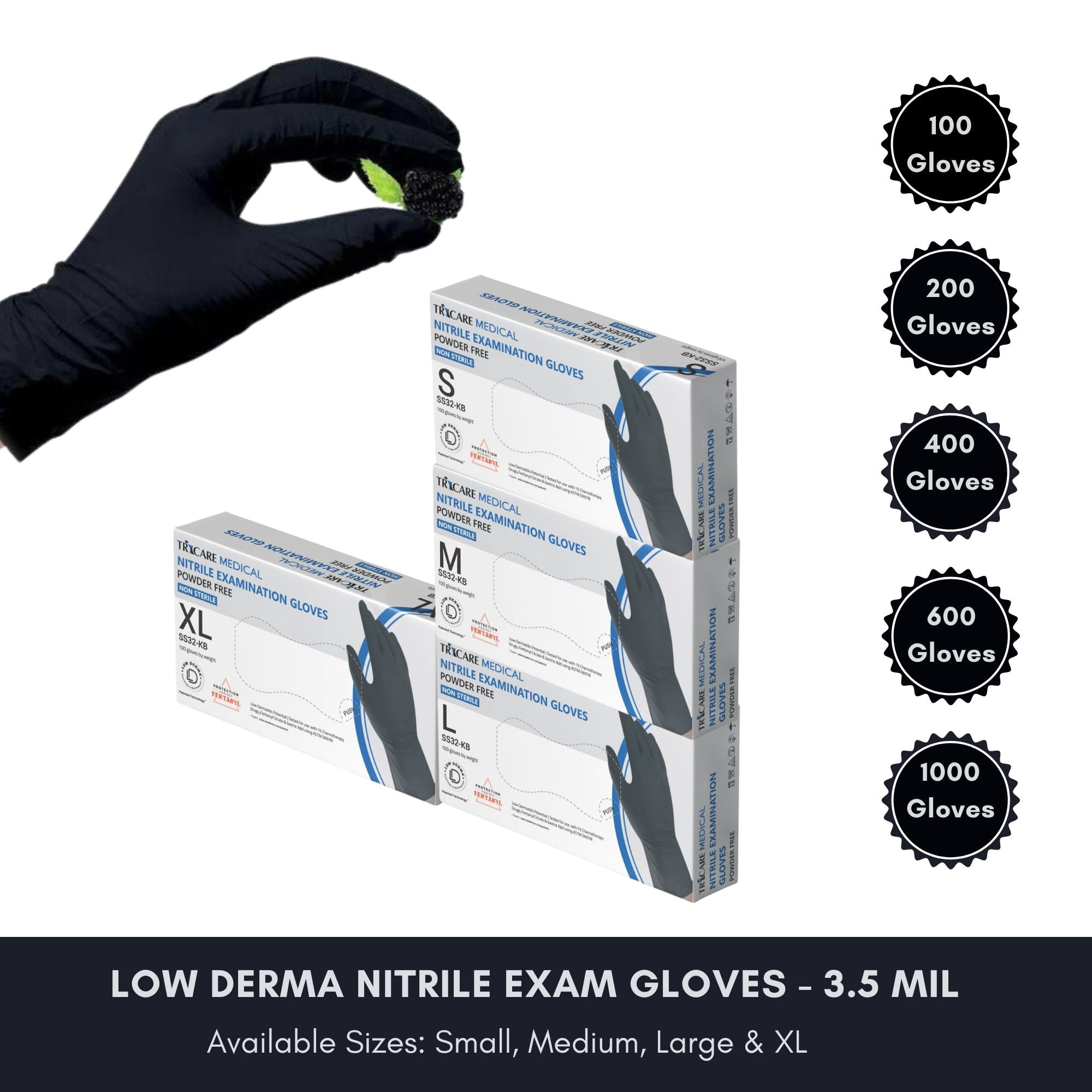 TRICARE Medical Nitrile Exam Gloves, x-Large, Case of 1000, Berry Black, Medical Grade, 3.5 Mil