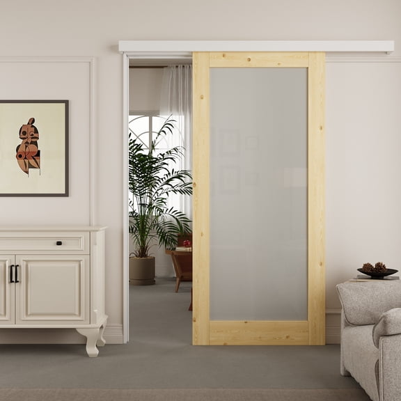 36" x 80" 3-Lite Hidden Style Track Solid Pine Wood Frosted Glass Sliding Barn Door With Hardware Kit(No Assembly Required)