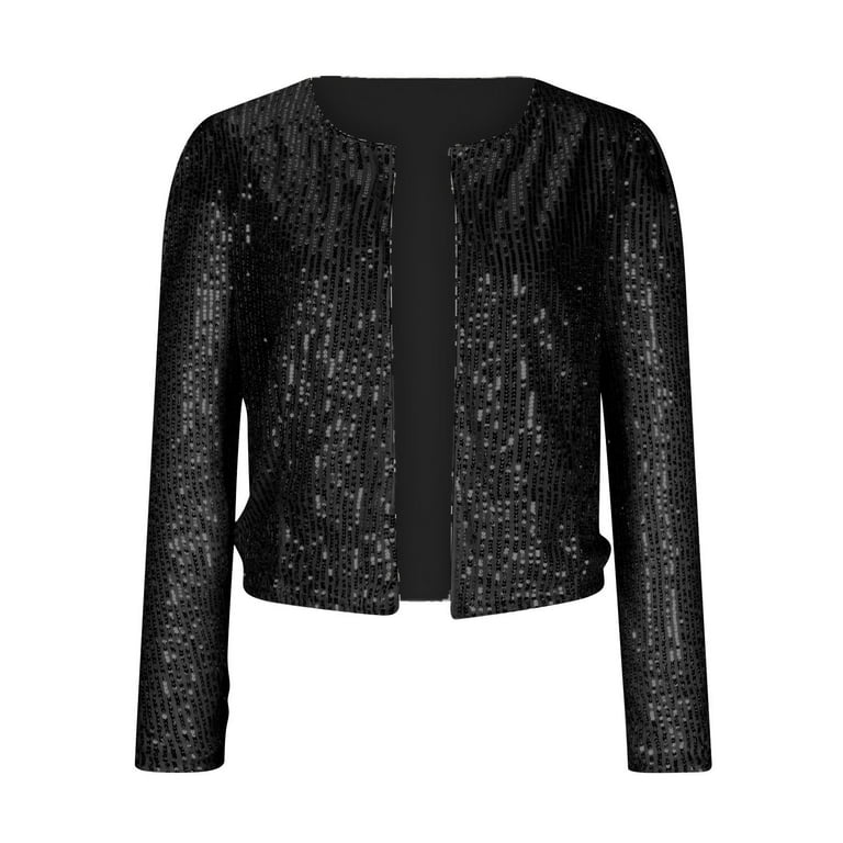 Fall Clearance Hfyihgf Women s Sequin Short Jacket Casual Puff Long Sleeve Bomber Jackets Blazer Open Front Cardigan Tops for Party Evening Black S