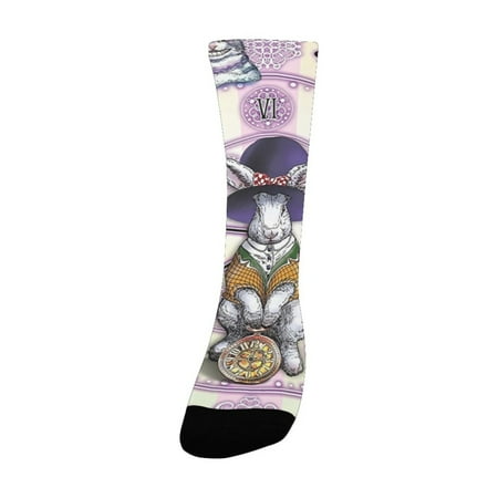

Animal Decor Alice in Wonderland Rabbit and Cat Fiction Story Novel Child Display Lilac Light Yellow Women s Custom Socks (Made In USA)