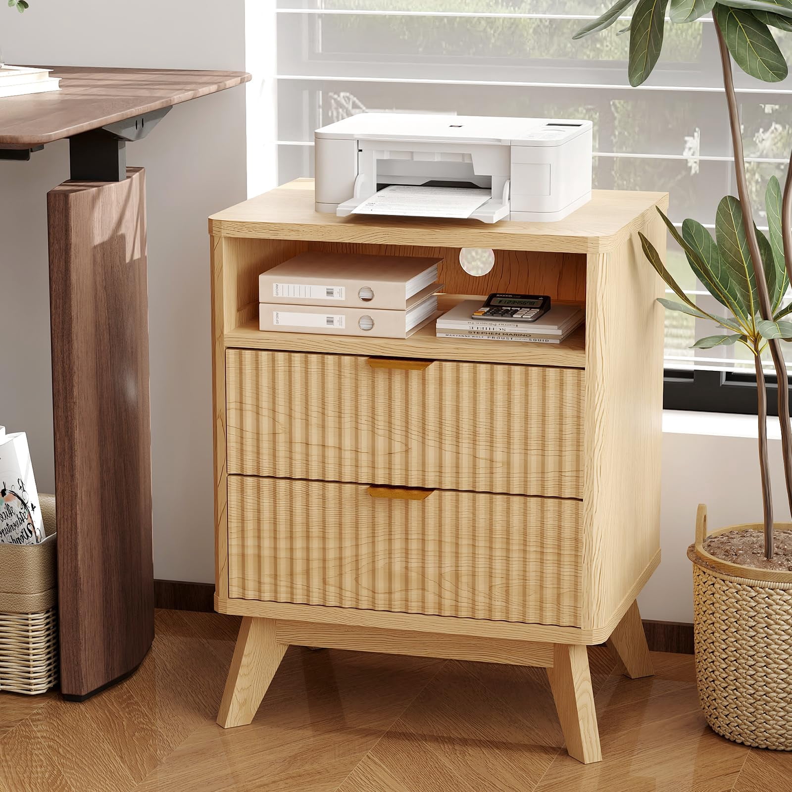 KOKEBREN Modern Nightstand with USB Charging Station - Wood Fluted Bedside Table with 2 Drawers & Open Shelf,Oak