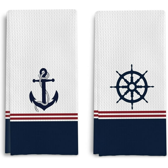 Nautical Boat Kitchen Dish Towels - Nautical Hand Towels, Gifts for Boat Owner, Coastal Kitchen Chenille Towels 18 X 26 Inches, Set of 2（White）