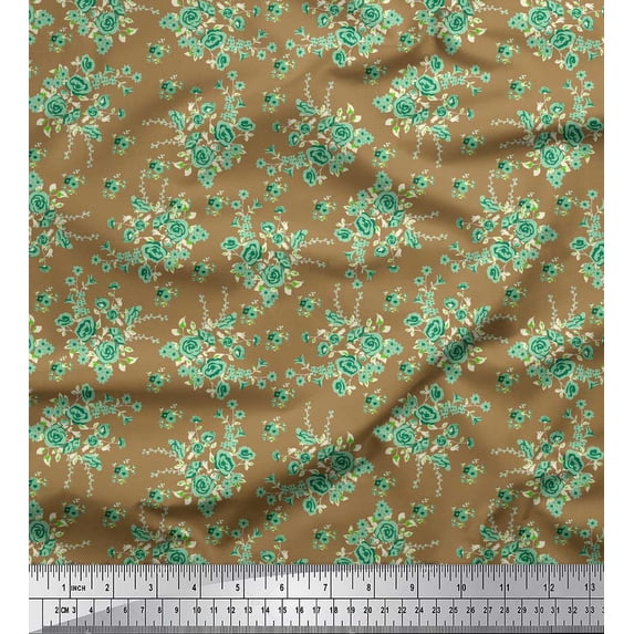 Soimoi Brown Heavy Satin Fabric Leaves & Rose Floral Print Fabric by Yard 54 Inch Wide